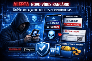 Infográfico de alerta sobre o vírus bancário GoPix, mostrando um hacker com celular, exemplos de fraude em Pix e boletos alterados, com o logo da empresa de cibersegurança VegStar.