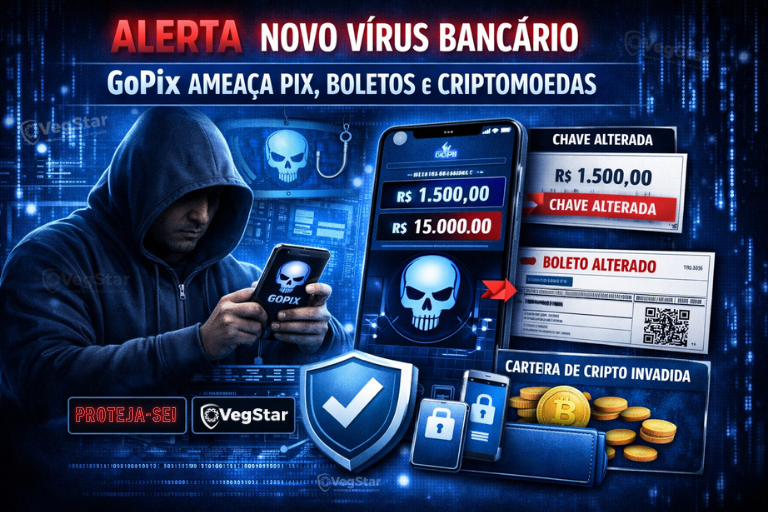 Infográfico de alerta sobre o vírus bancário GoPix, mostrando um hacker com celular, exemplos de fraude em Pix e boletos alterados, com o logo da empresa de cibersegurança VegStar.