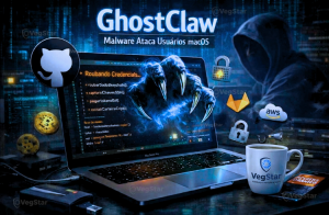 Uma ilustração digital em tons de azul escuro e vermelho neon, mostrando um laptop MacBook aberto com linhas de código saltando da tela. Sobre a tela, há o ícone de uma garra fantasmagórica estilizada (representando o GhostClaw) tentando alcançar ícones de cadeados e chaves de nuvem (como AWS e GitHub). Ao lado, o logotipo da VegStar no canto inferior.