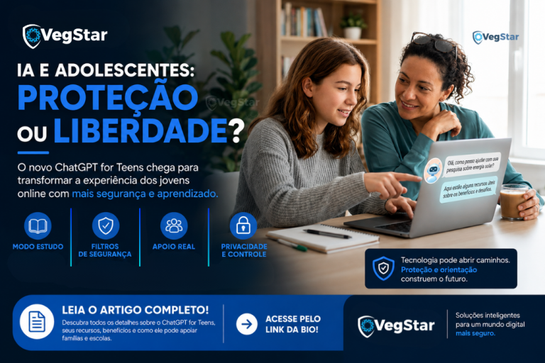Adolescente utilizando inteligência artificial com orientação sobre segurança digital