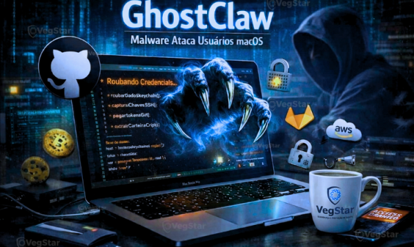 Uma ilustração digital em tons de azul escuro e vermelho neon, mostrando um laptop MacBook aberto com linhas de código saltando da tela. Sobre a tela, há o ícone de uma garra fantasmagórica estilizada (representando o GhostClaw) tentando alcançar ícones de cadeados e chaves de nuvem (como AWS e GitHub). Ao lado, o logotipo da VegStar no canto inferior.
