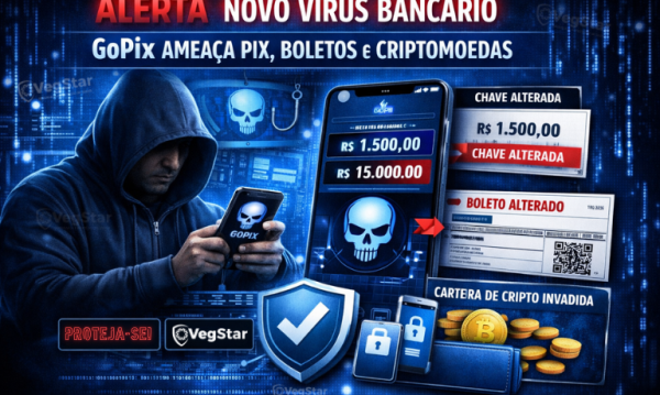 Infográfico de alerta sobre o vírus bancário GoPix, mostrando um hacker com celular, exemplos de fraude em Pix e boletos alterados, com o logo da empresa de cibersegurança VegStar.