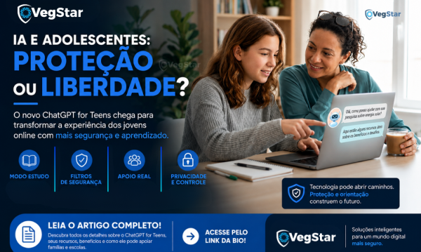 Adolescente utilizando inteligência artificial com orientação sobre segurança digital